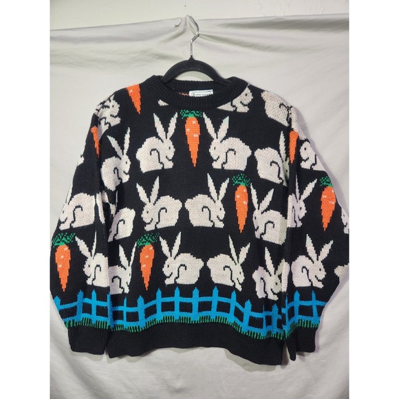 Vtg 90s Jane Adams Bunny Carrot AOP Knit Sweater Easter Sz M/L Acrylic Pullover - Picture 1 of 7